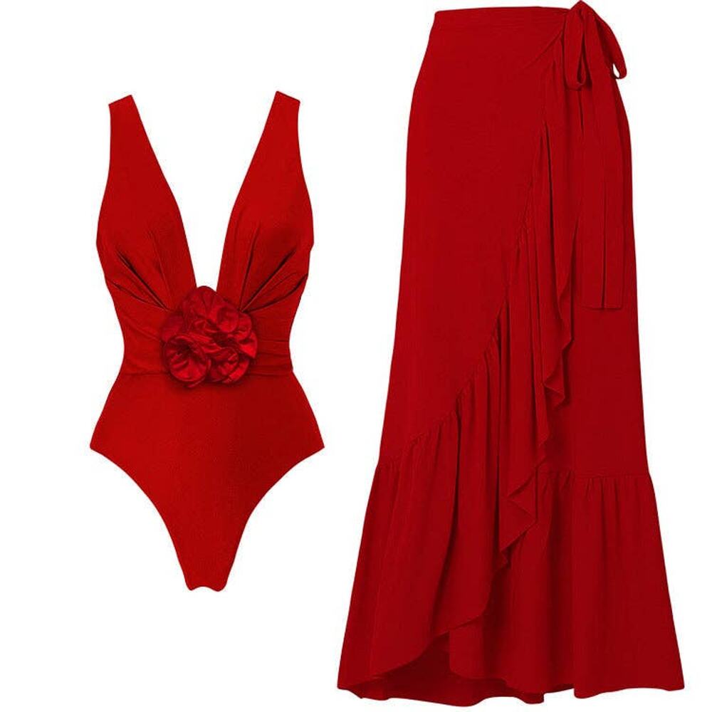 Solid Color Red Rose One Piece Classy Swimwear with Wrap-Large